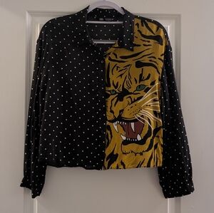 Zara- Black And Tiger Cropped Button Down Blouse with White Dots